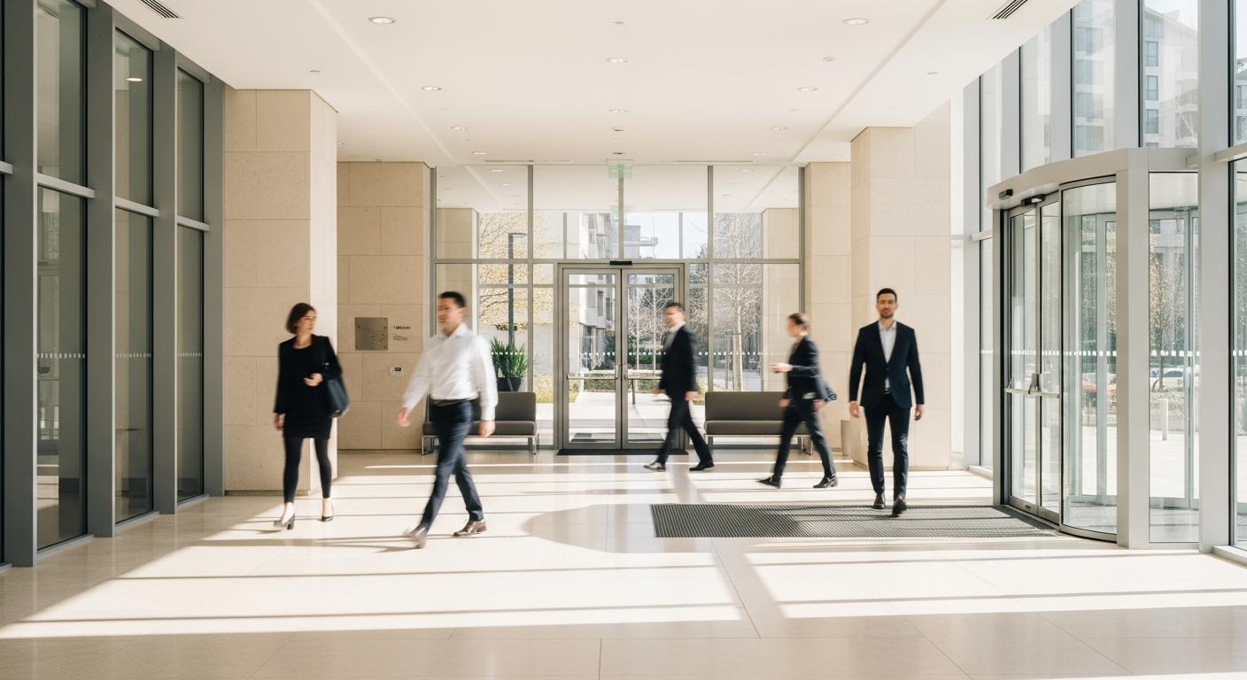Professionals walking through a bright modern office lobby
